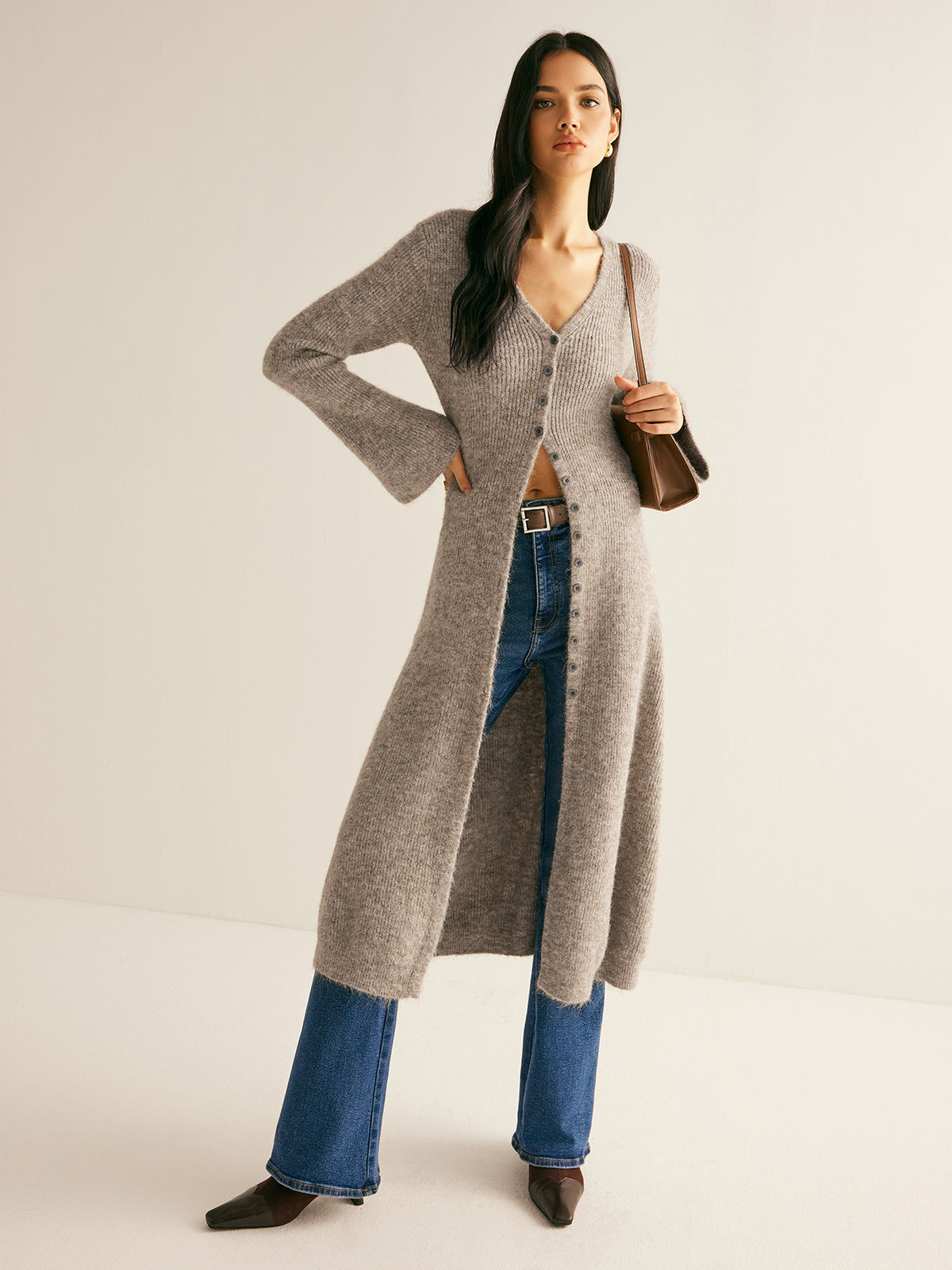 Layered V-Neck Sweater Dress with Front Split