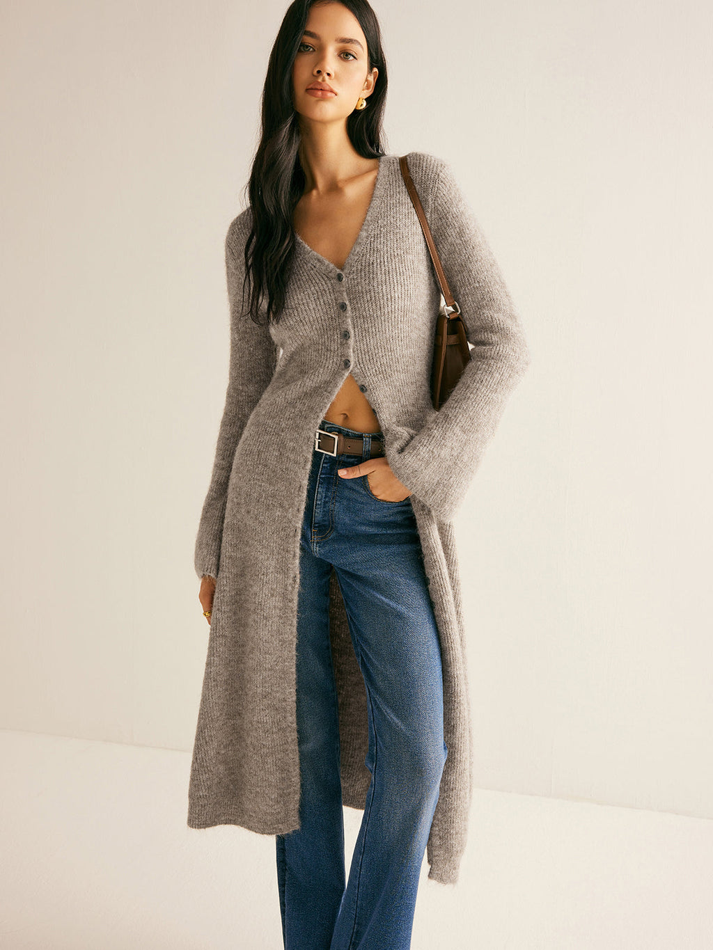 V-Neck Sweater Dress with Split and Stacked Design