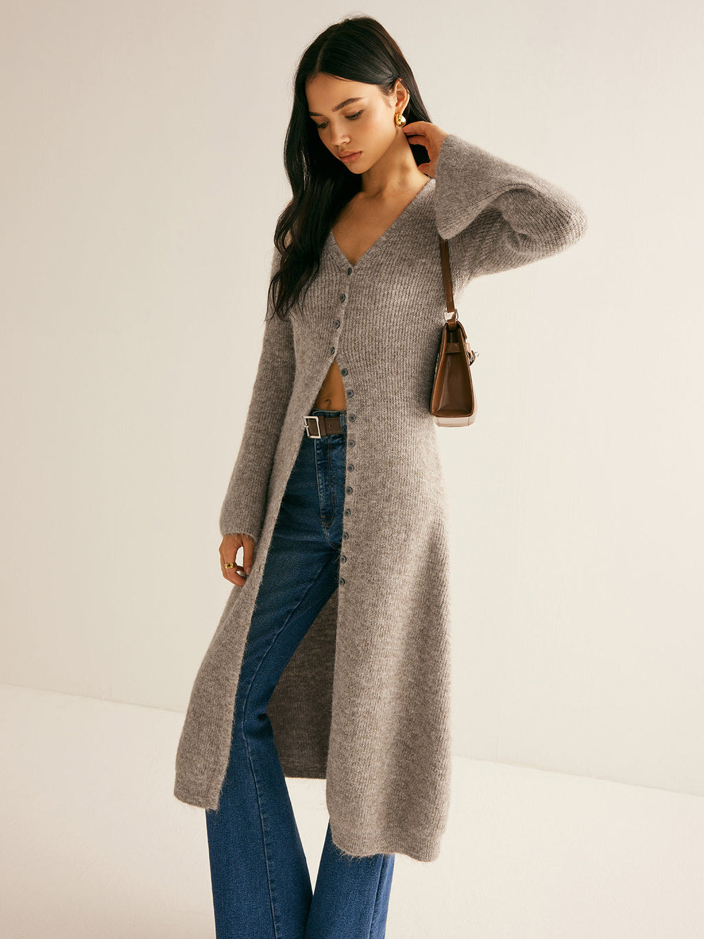 Layered V-Neck Sweater Dress with Front Split