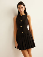 Pleated Tank Dress with Metallic Button Detail