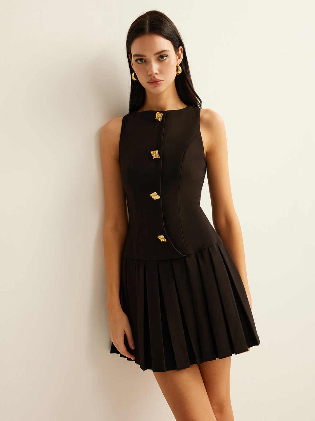 Pleated Tank Dress with Metal Button Accents