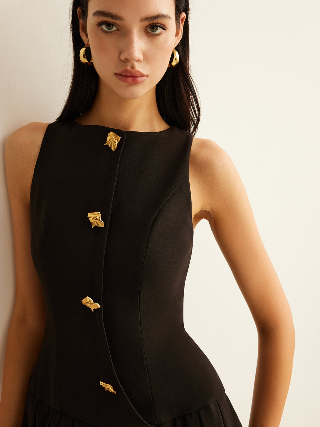 Pleated Tank Dress with Metallic Button Detail