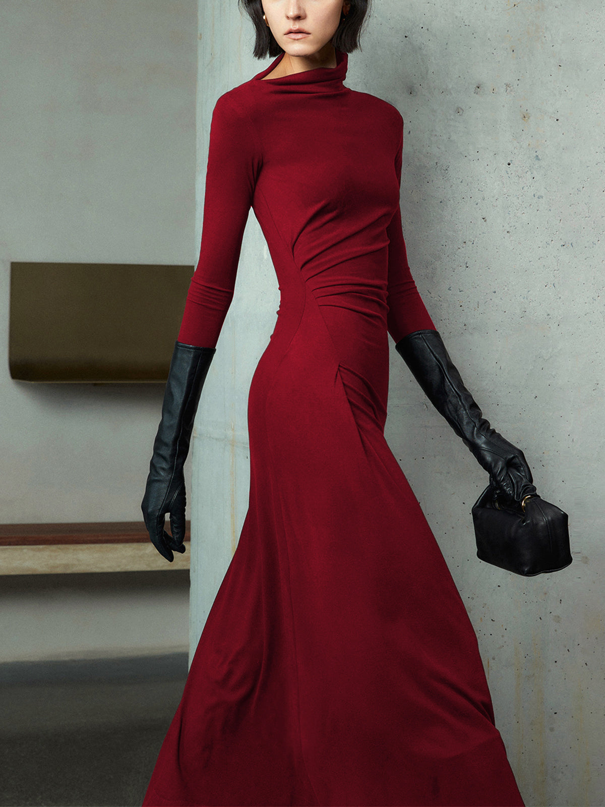 Asymmetrical Neck Long Sleeve Ruched Bodycon Maxi Dress