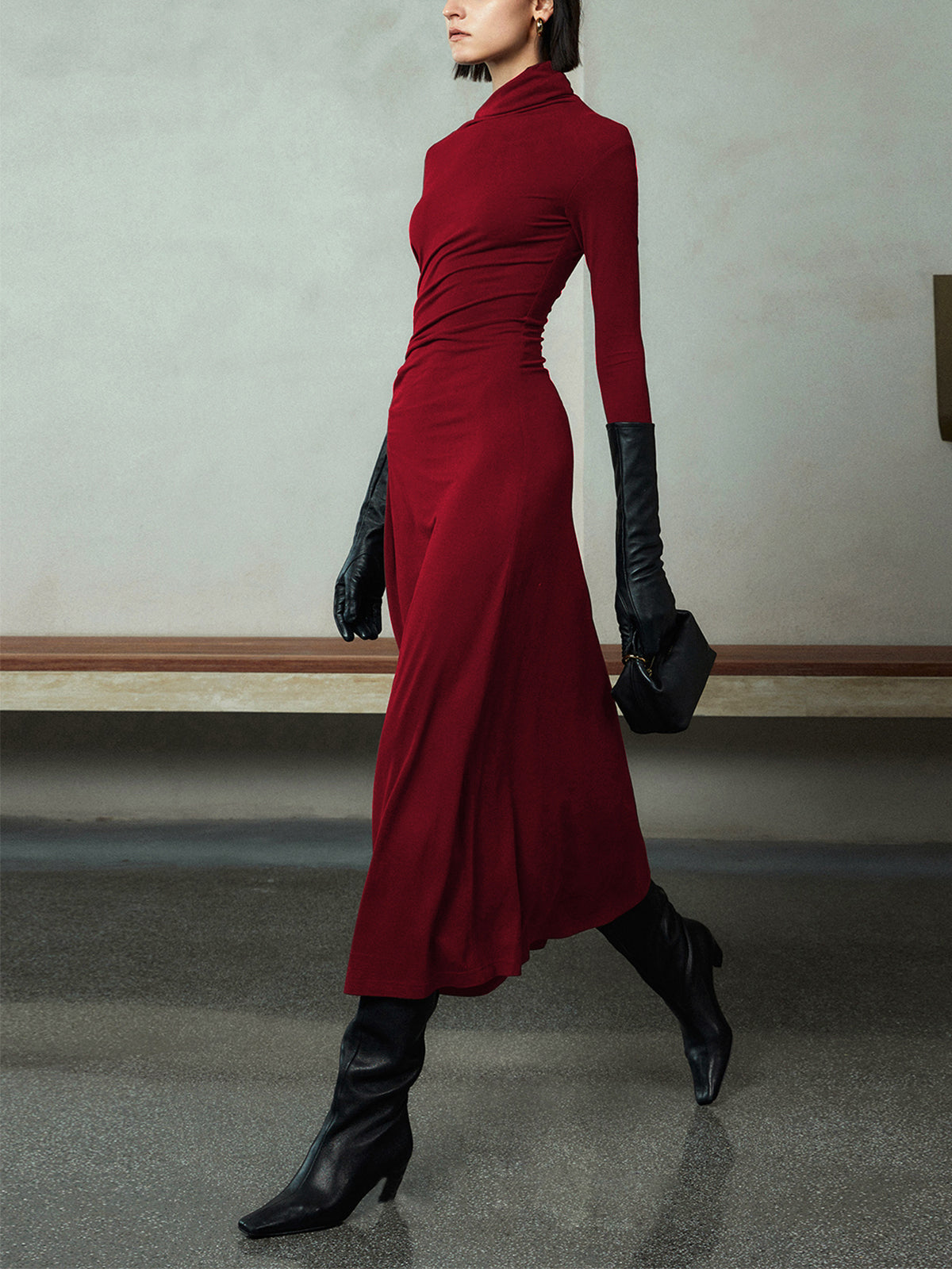 Asymmetrical Neck Long Sleeve Ruched Bodycon Maxi Dress