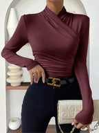 Pleated Cinched T-Shirt with Cross-Over Collar Design