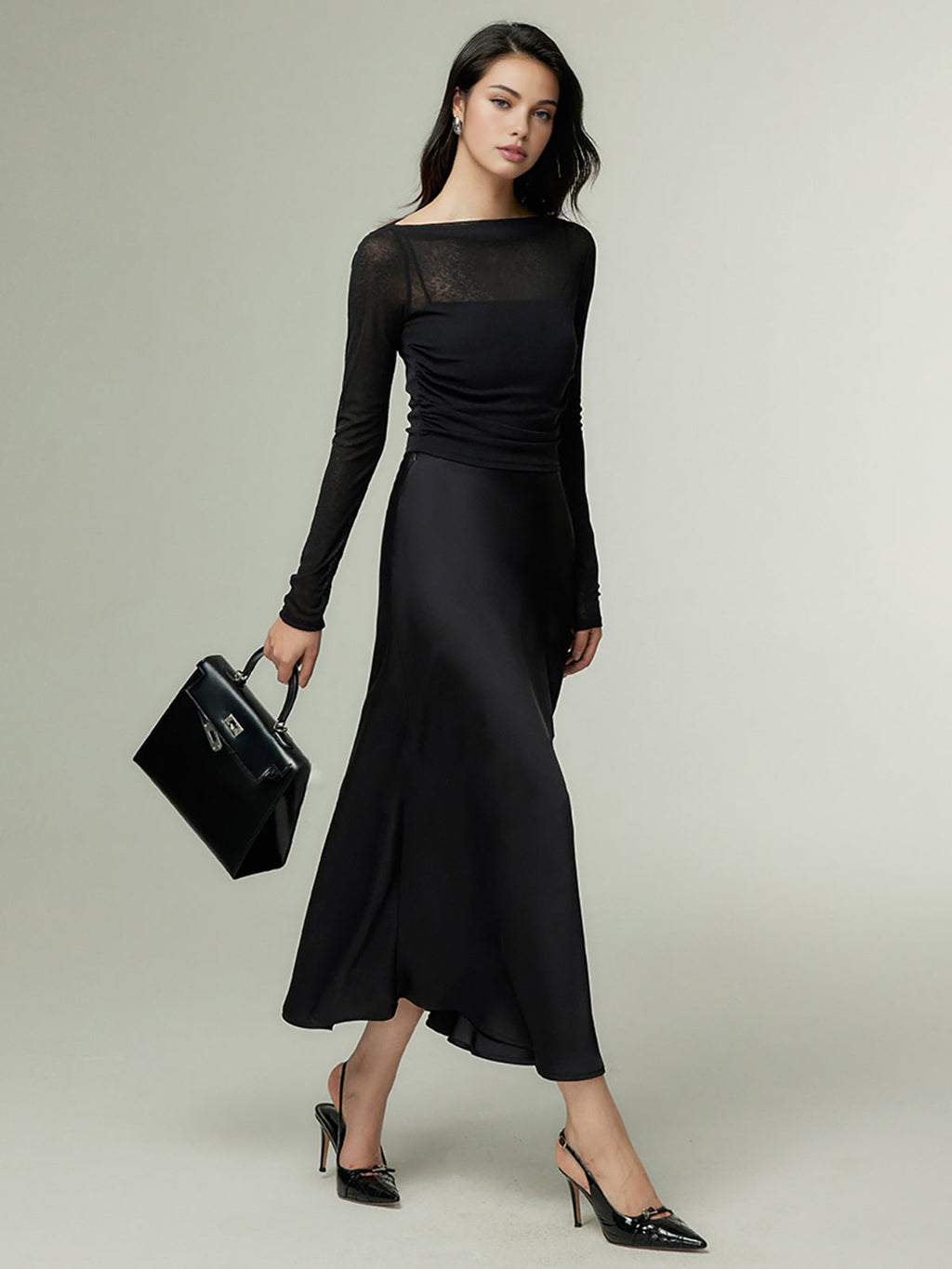 Sheer Panel Jersey Top with Straight Neckline