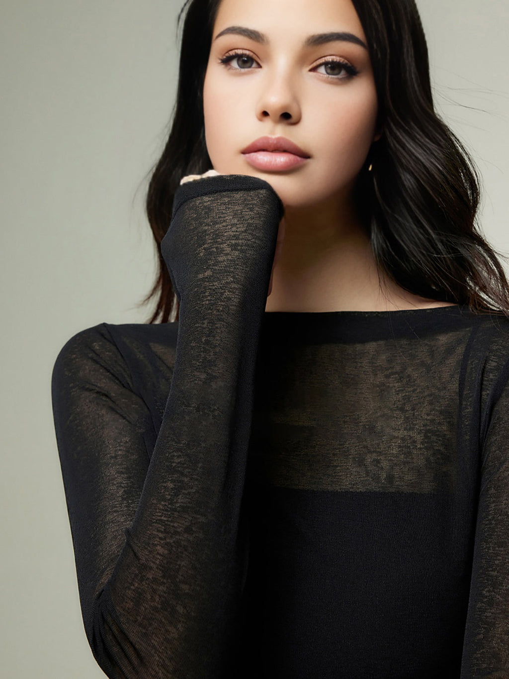 Sheer Panel Jersey Top with Straight Neckline