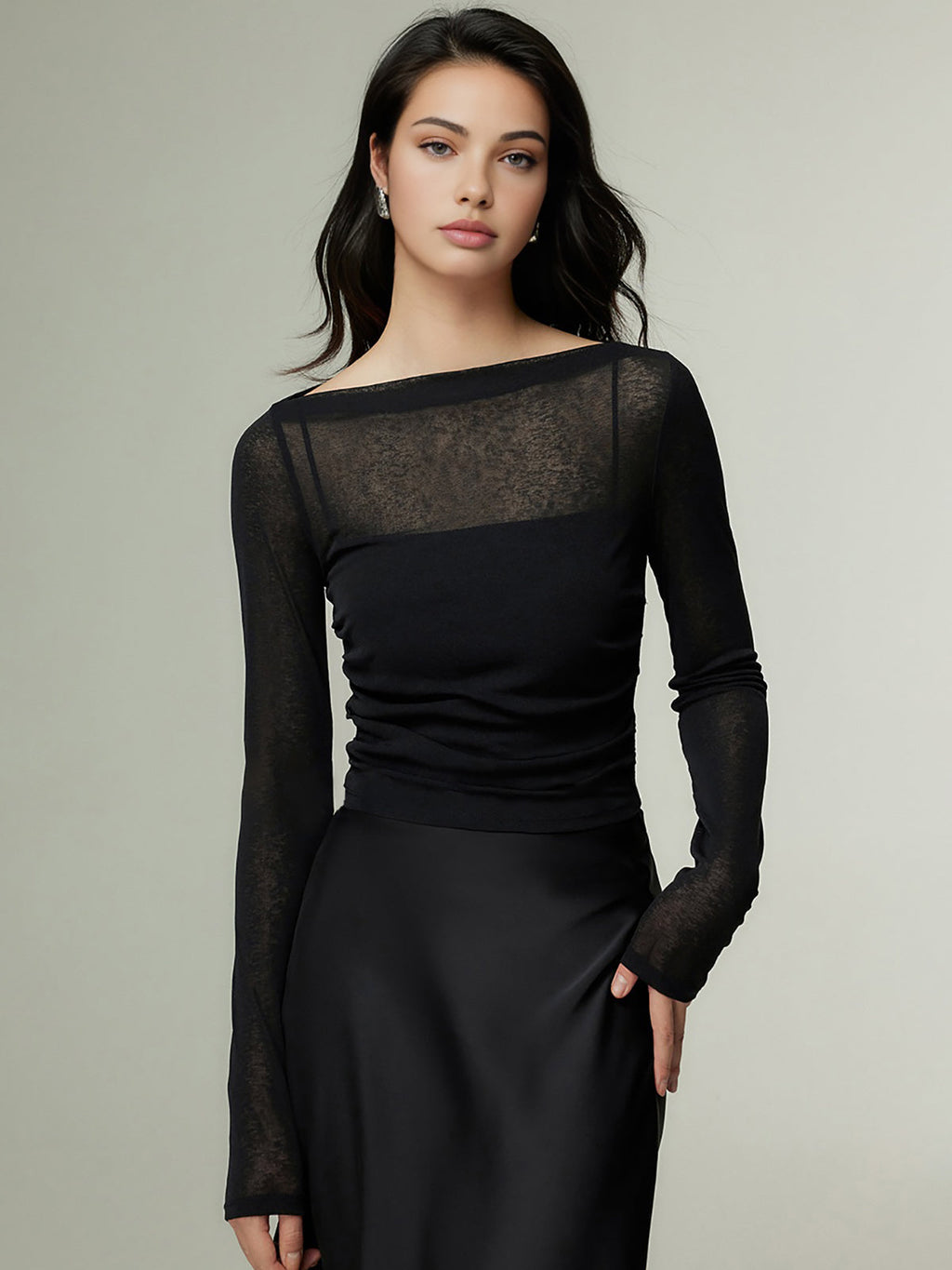 Sheer Panel Jersey Top with Straight Neckline