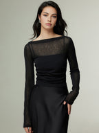Sheer Panel Jersey Top with Straight Neckline
