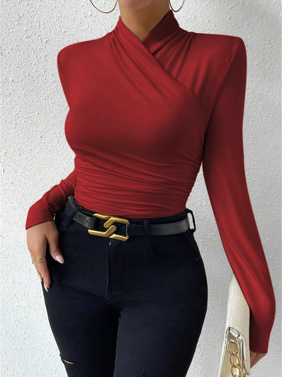 Pleated Cinched T-Shirt with Cross-Over Collar Design