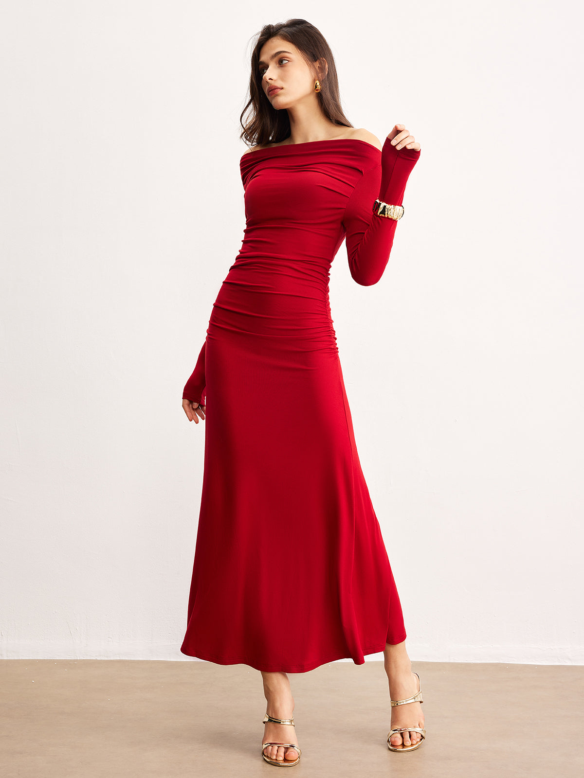 Ruffled Off-Shoulder Knitted Dress in Soft Fabric