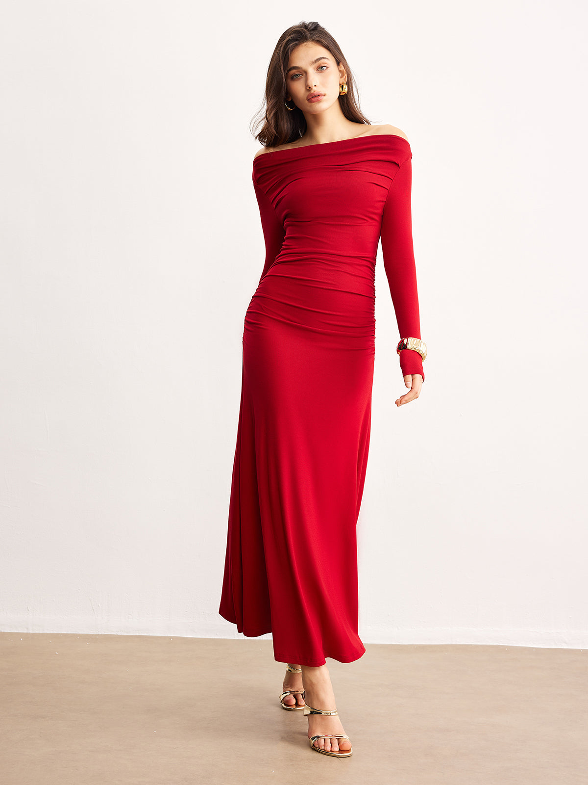 Ruffled Off-Shoulder Knitted Dress in Soft Fabric