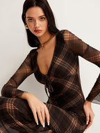 Sheer Checkered Dress with Bell Sleeves in Mesh