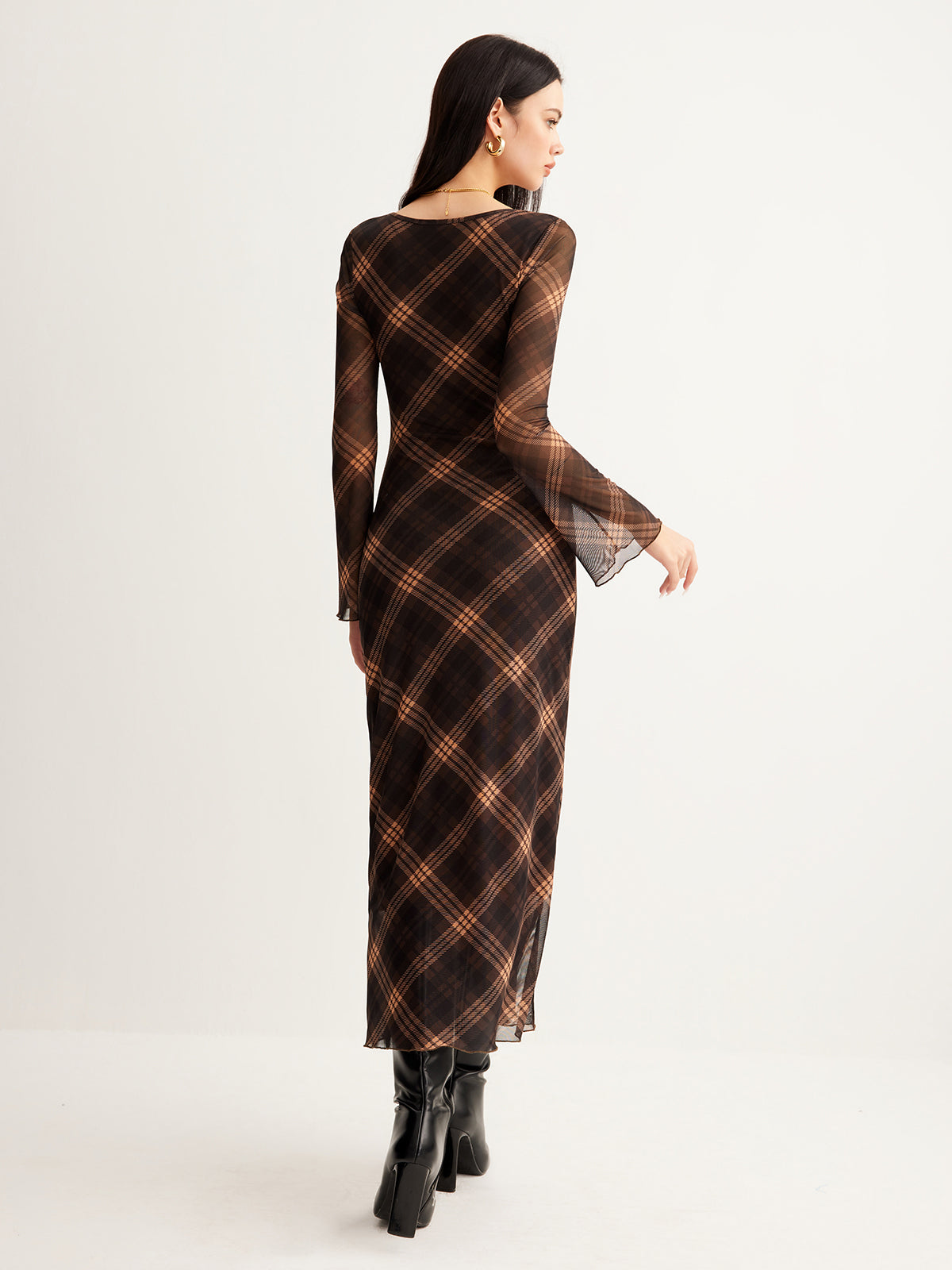 Sheer Checkered Dress with Bell Sleeves in Mesh