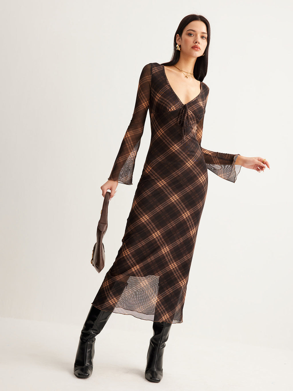 Sheer Checkered Dress with Bell Sleeves in Mesh
