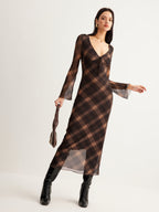 Sheer Checkered Dress with Bell Sleeves in Mesh