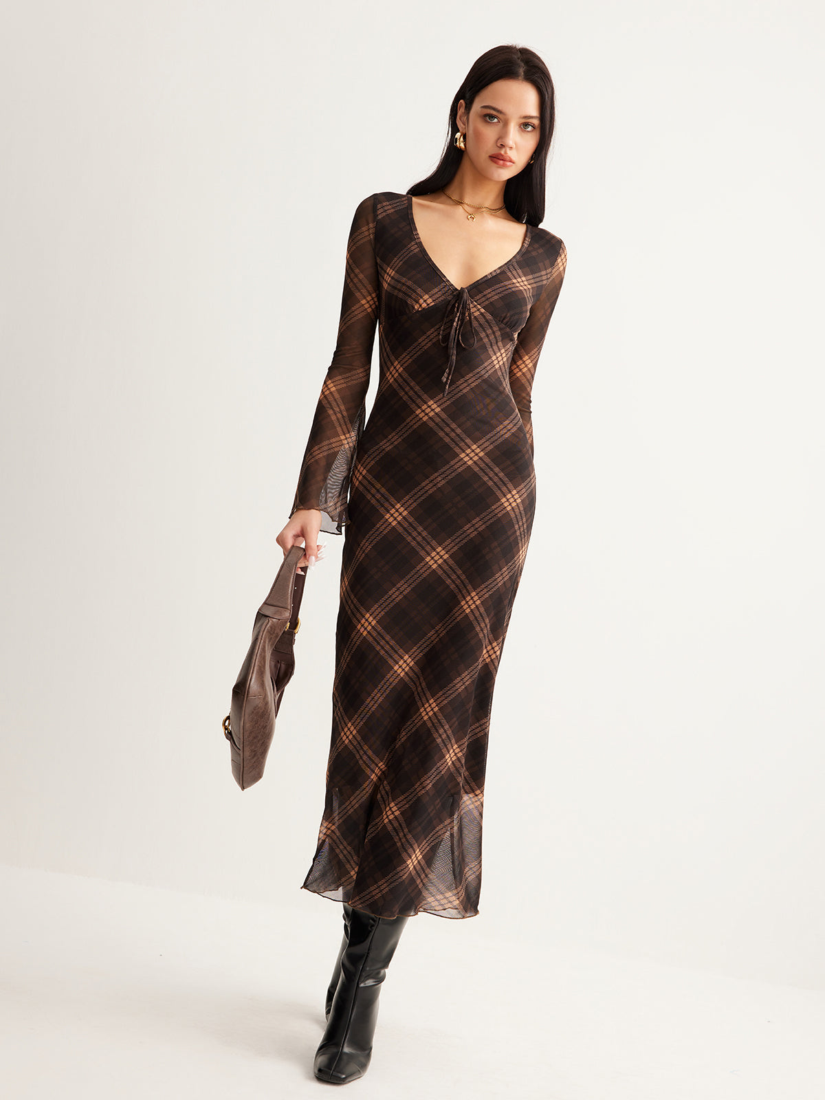 Sheer Checkered Dress with Bell Sleeves in Mesh