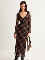 Sheer Checkered Dress with Bell Sleeves in Mesh