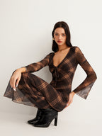 Sheer Checkered Dress with Bell Sleeves in Mesh