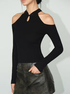 Tie-Knot Jersey Top with Cold-Shoulder Design