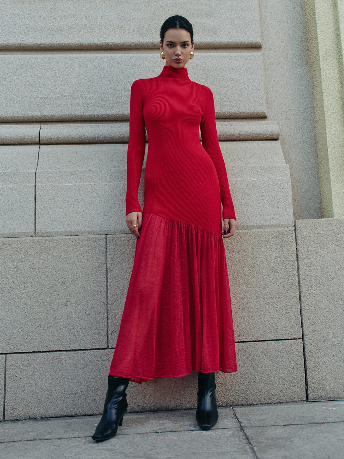 Mock Neck Sweater Dress with Pleated Details