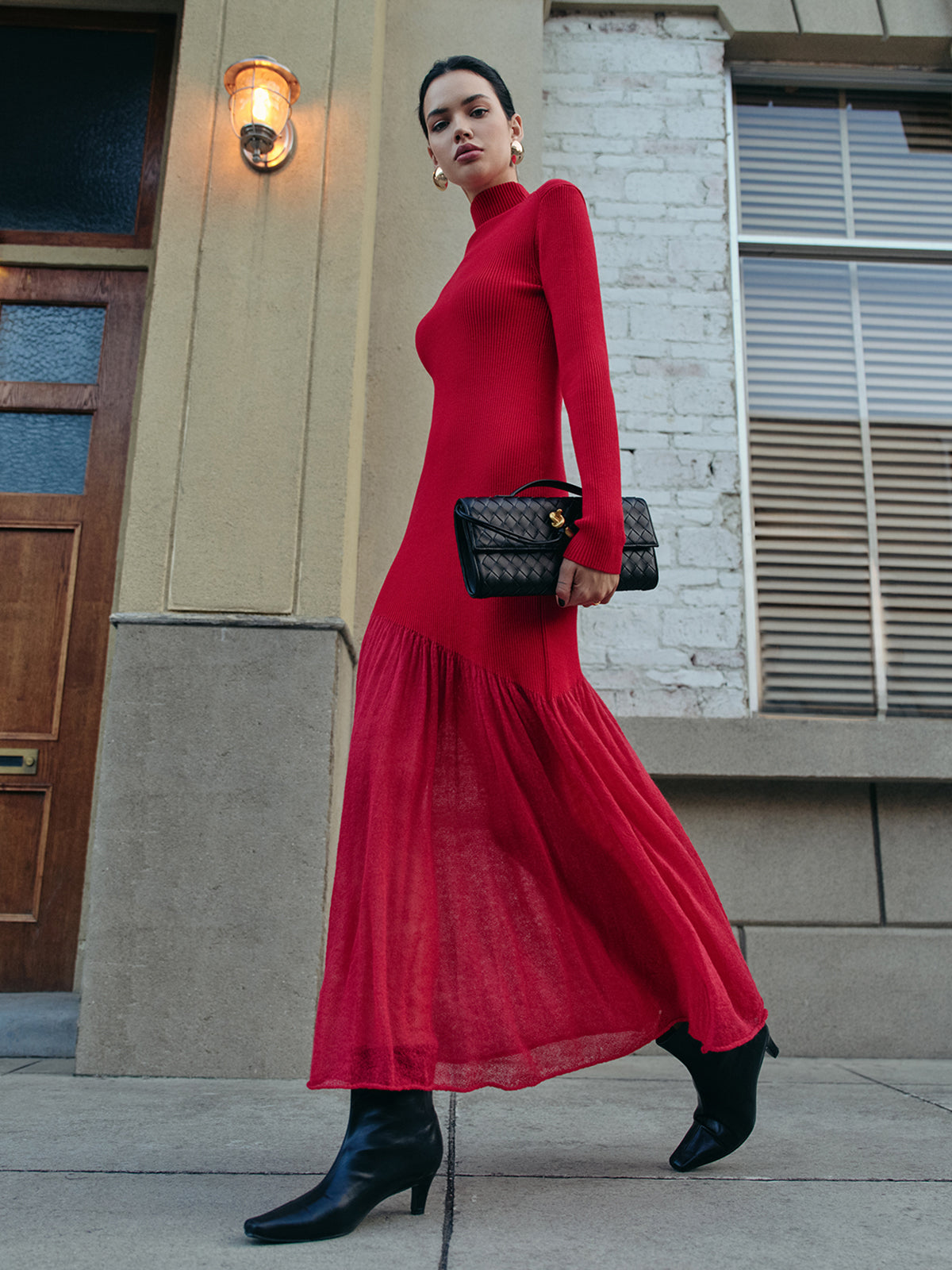 Mock Neck Sweater Dress with Pleated Details