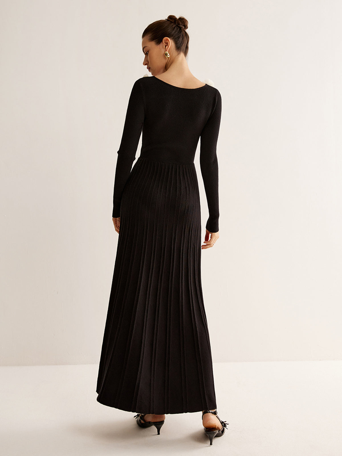 Pleated Sweater Dress with Floral Decor Detailing