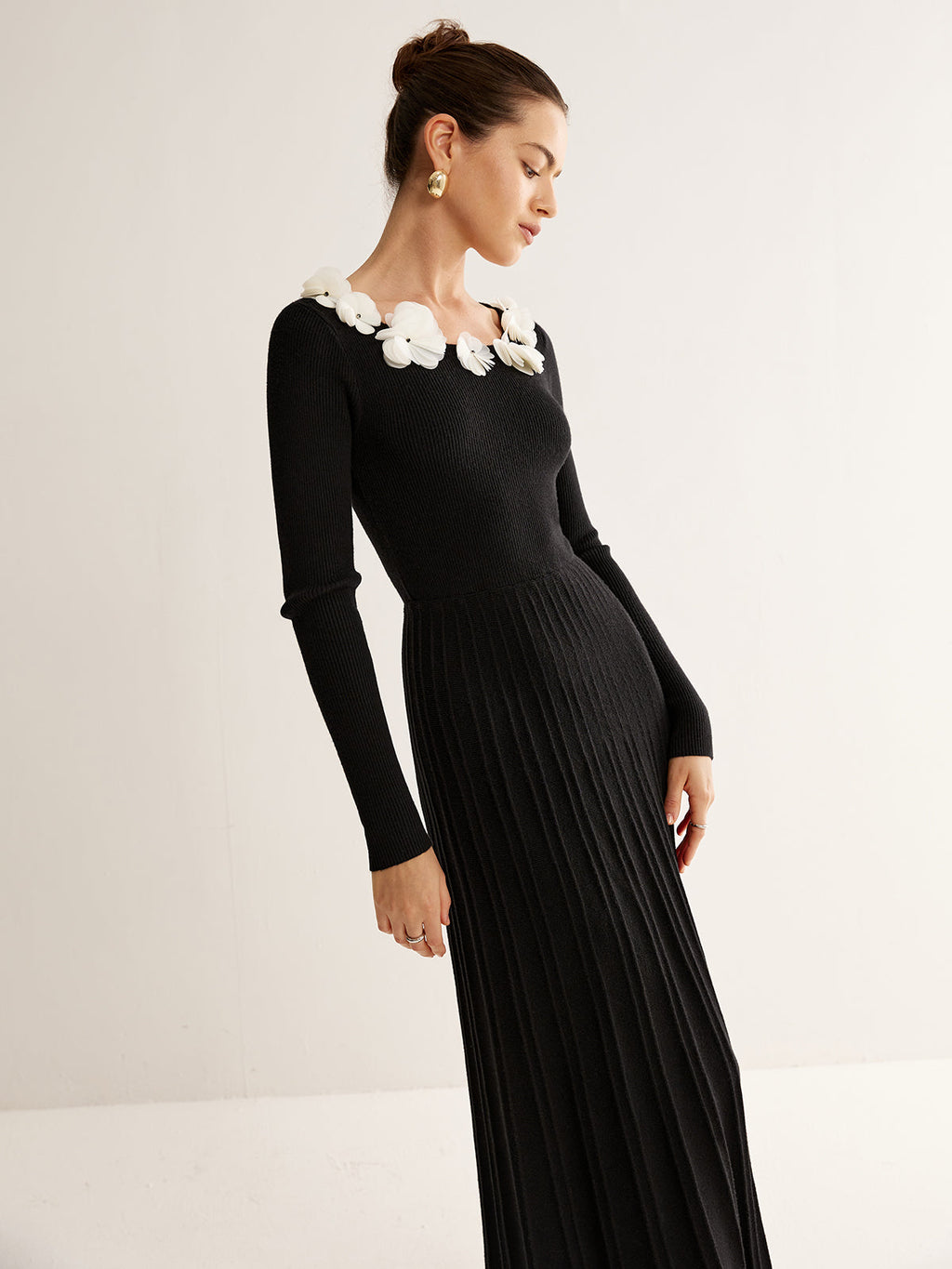 Pleated Sweater Dress with Floral Decor Detailing