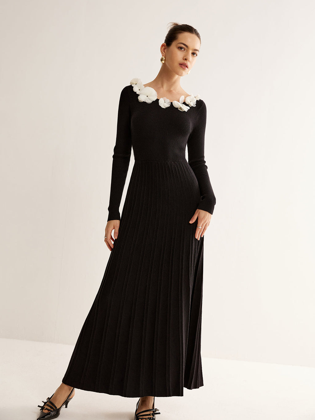 Floral Pattern Pleated Knit Sweater Dress