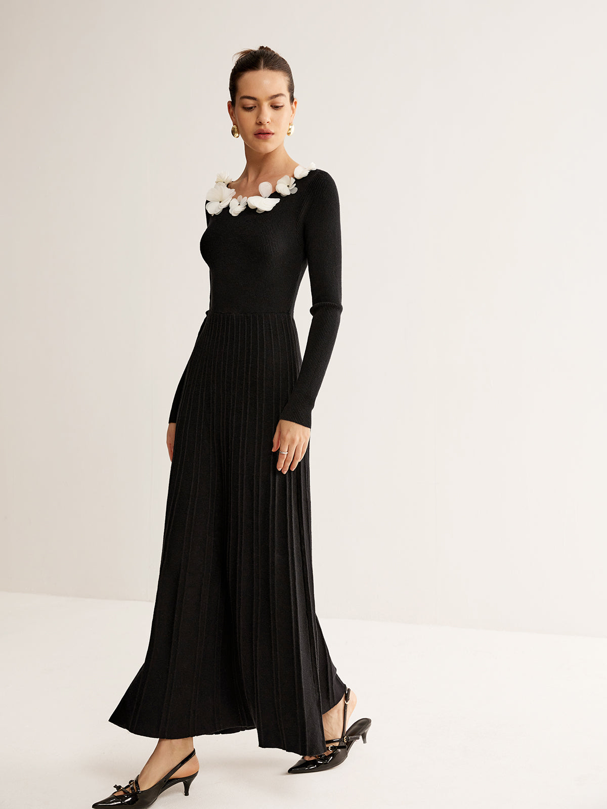 Pleated Sweater Dress with Floral Decor Detailing