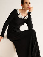 Pleated Sweater Dress with Floral Decor Detailing
