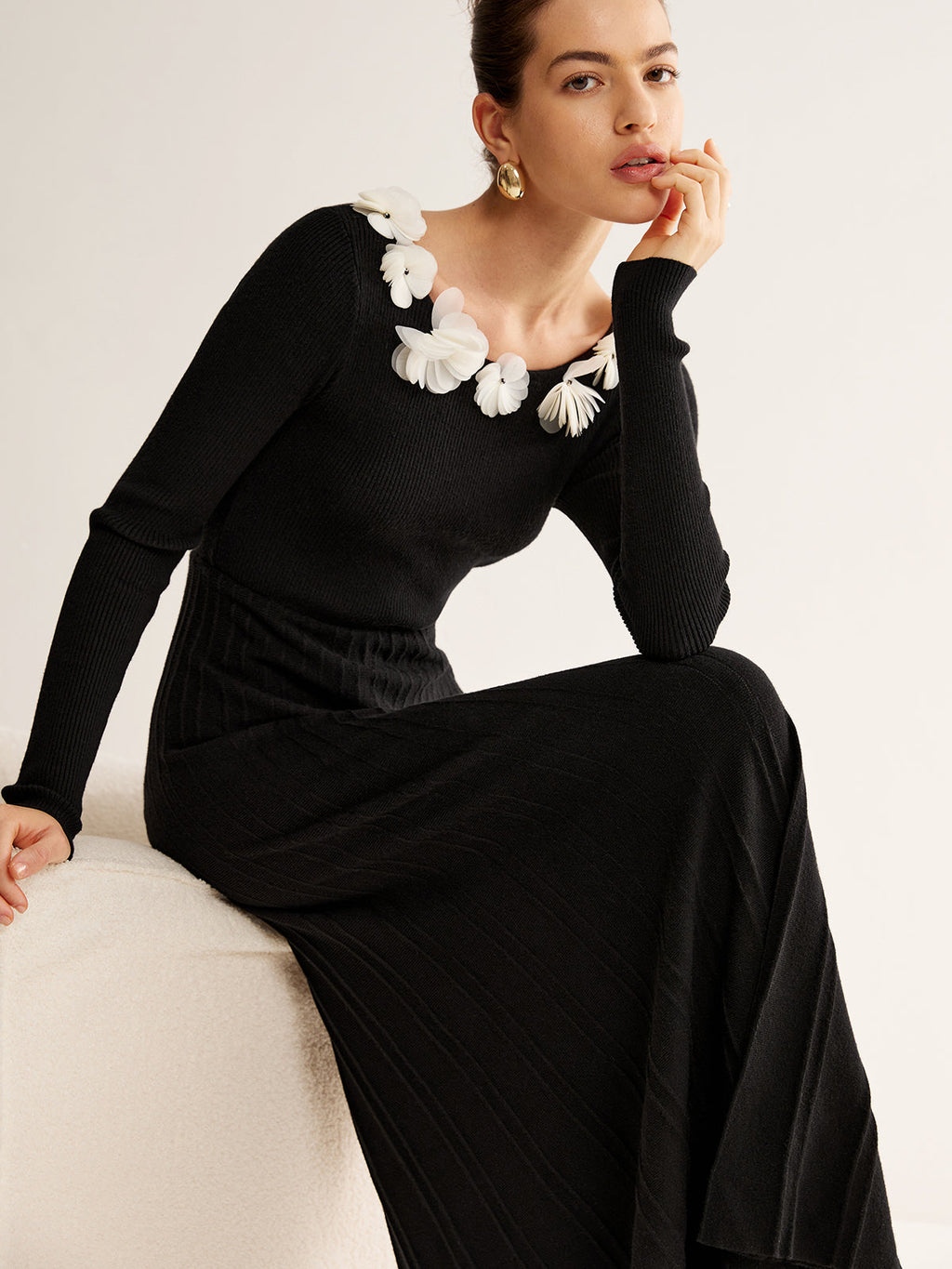 Floral Pattern Pleated Knit Sweater Dress