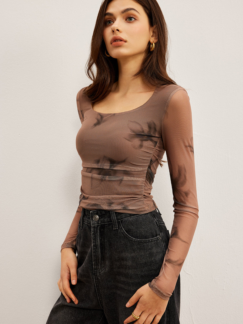 Tie Dye Mesh Tee with Floral Print Design