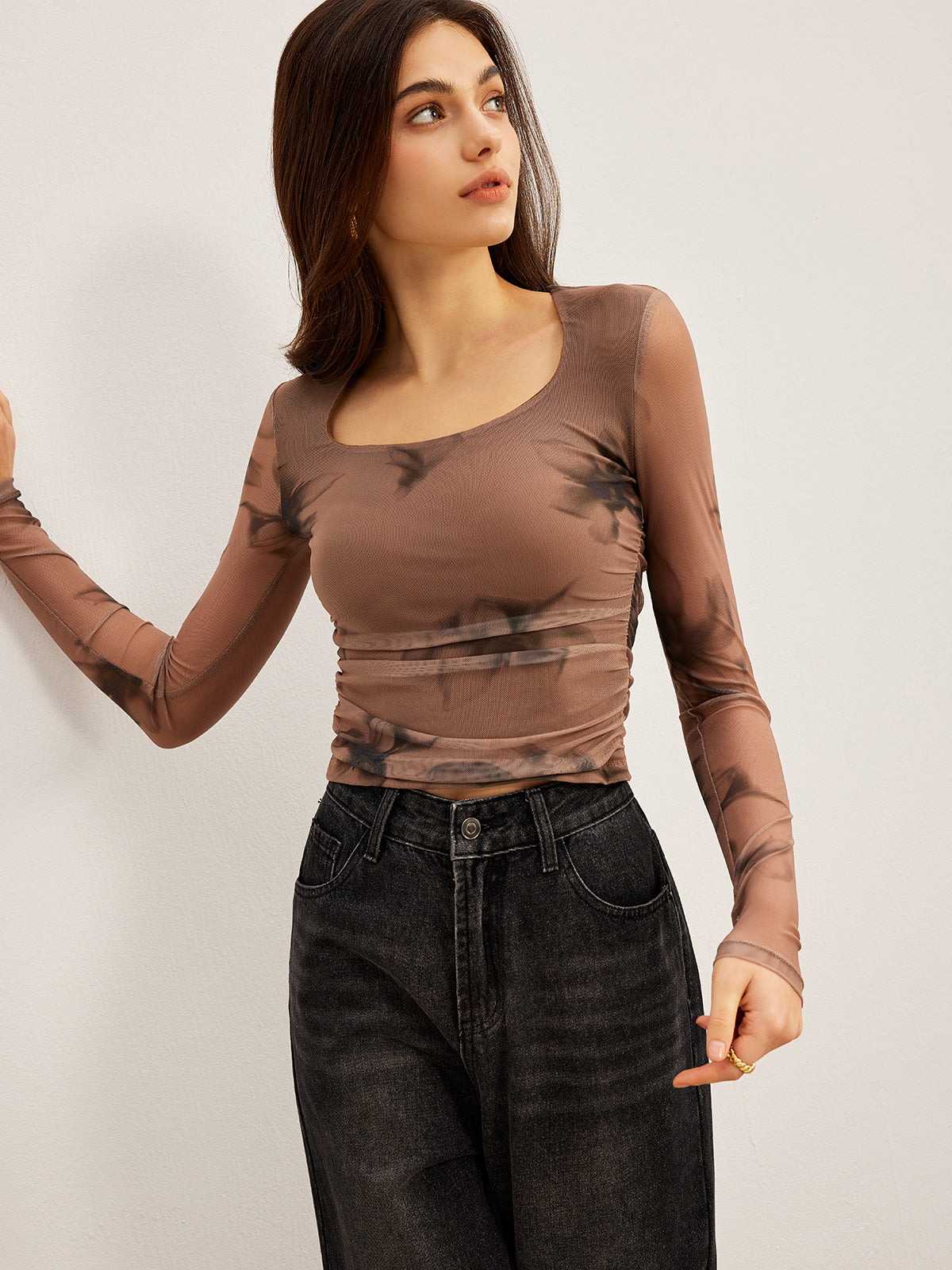 Tie Dye Mesh Tee with Floral Print Design