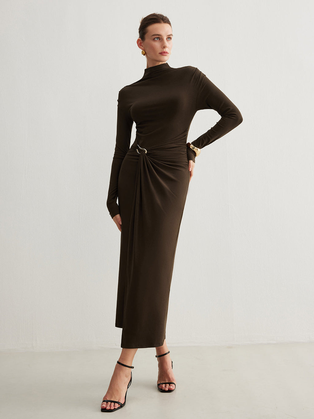 Unique Pleated Dress with Irregular Metal Ring Detail