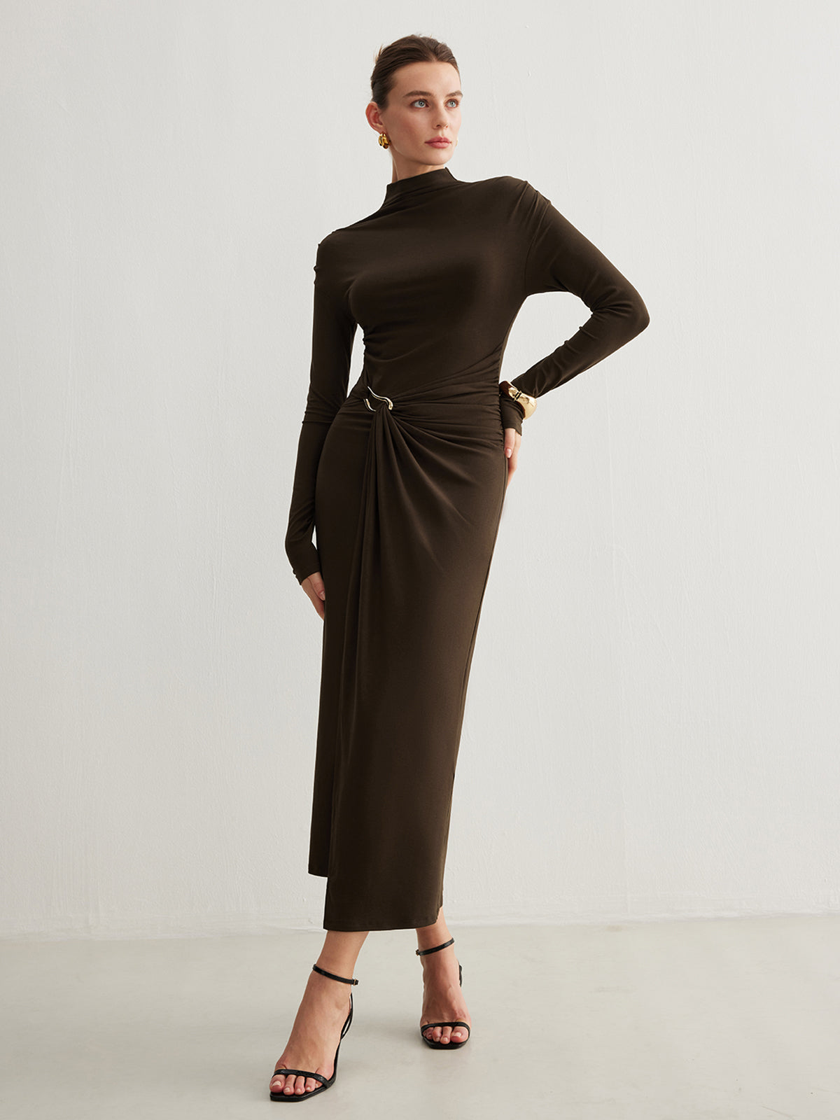 Unique Pleated Dress with Irregular Metal Ring Detail