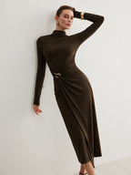 Unique Pleated Dress with Irregular Metal Ring Detail