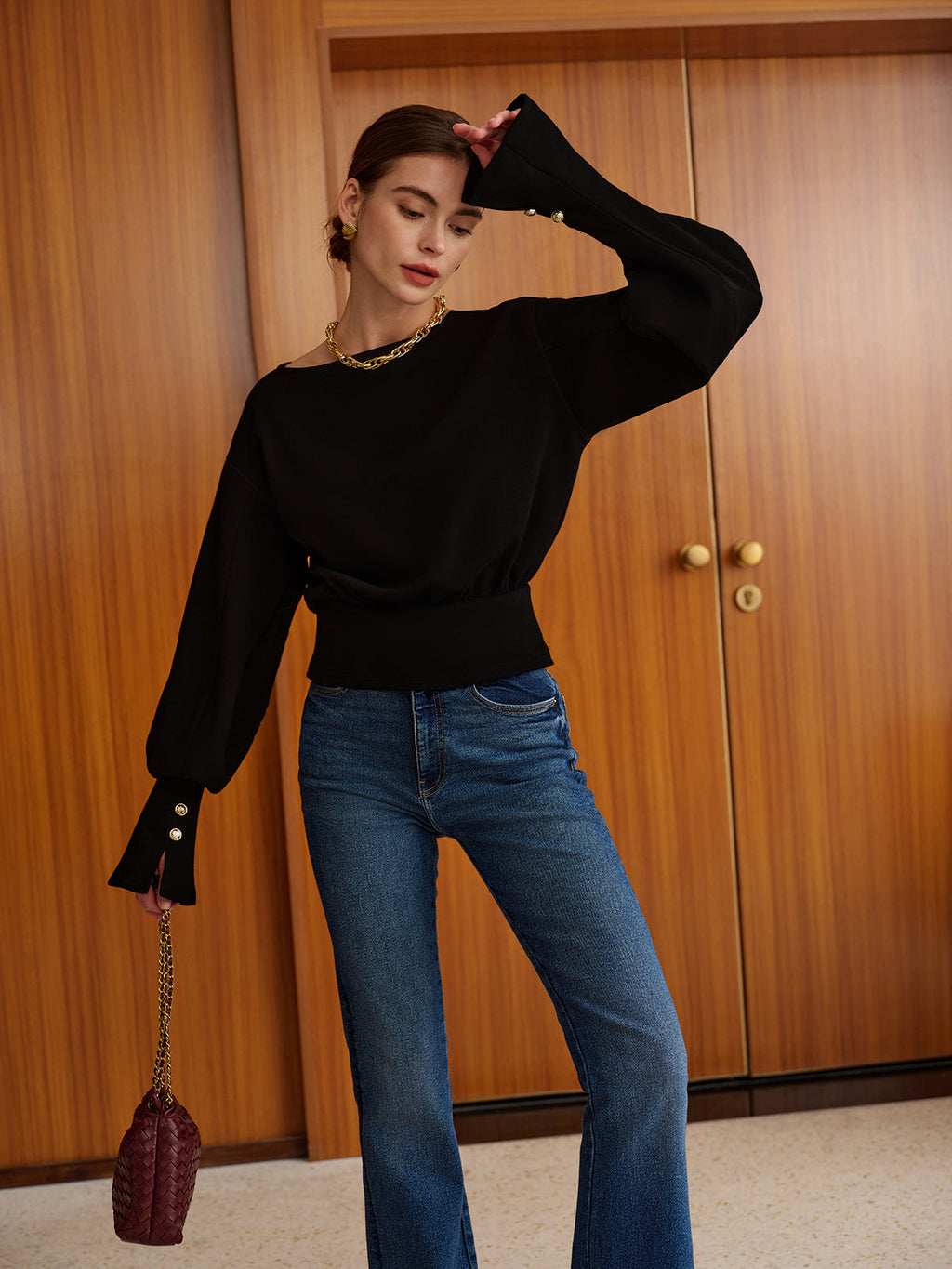 Bell Sleeve Sweatshirt with Cinched Waist