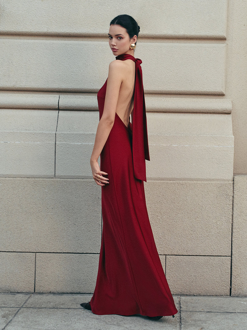 Satin Halter Dress with Flowing Open Back Design