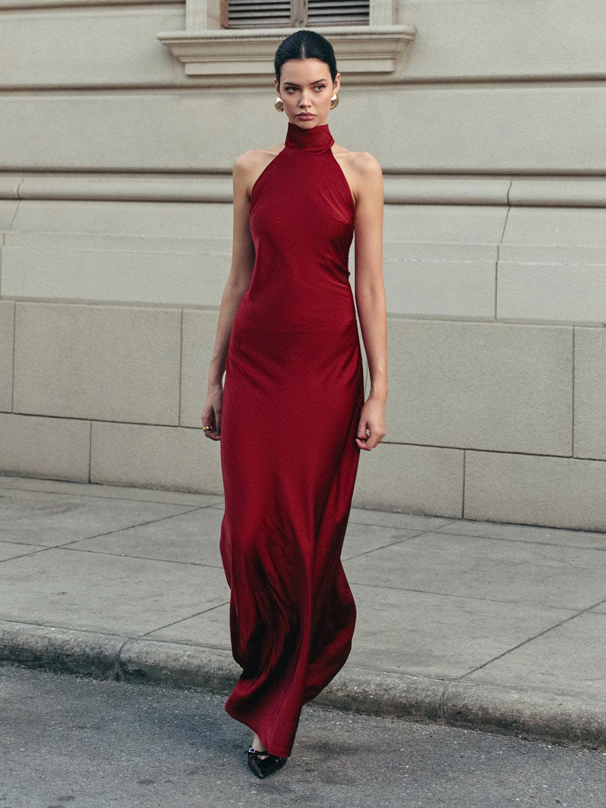 Satin Halter Dress with Flowing Open Back Design