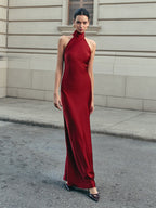 Satin Halter Dress with Open Back Design