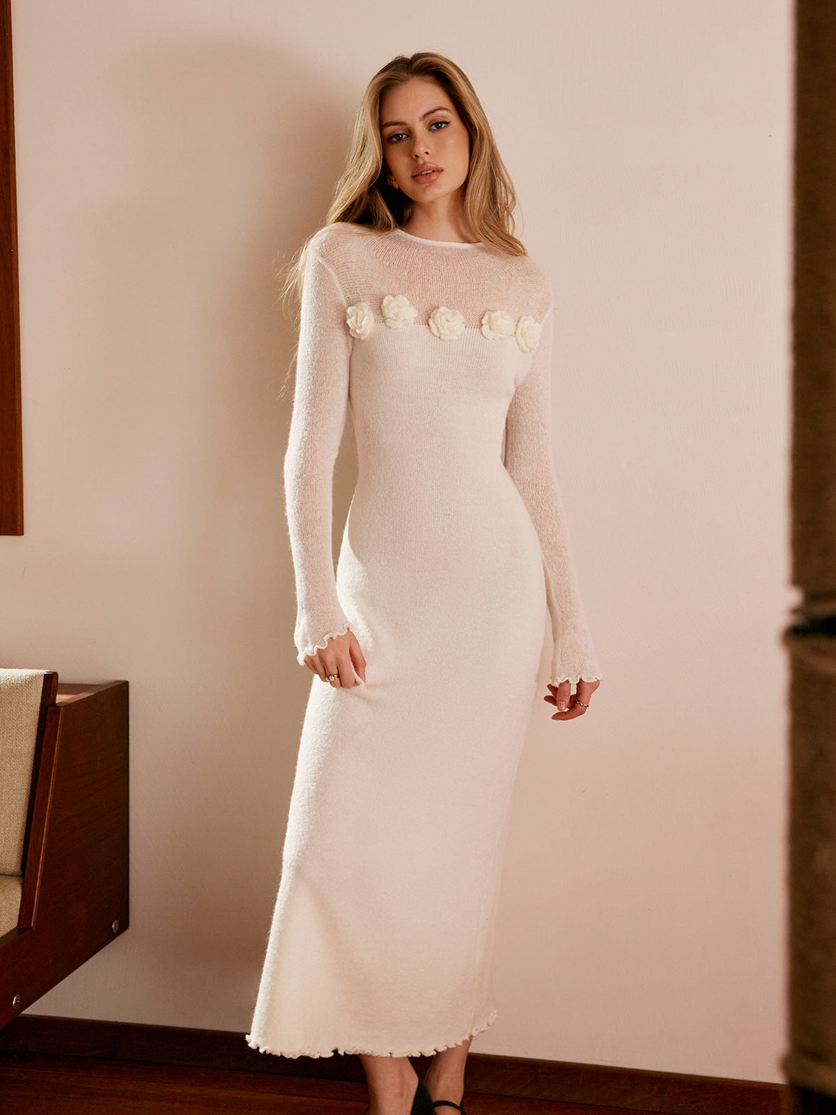 Wool-Blend Sweater Dress with 3D Flower Lettuce Trim