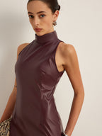 Stand Collar Faux Leather Fitted Sleeveless Dress
