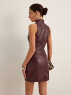 Stand Collar Faux Leather Fitted Sleeveless Dress