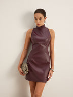 Stand Collar Faux Leather Fitted Sleeveless Dress