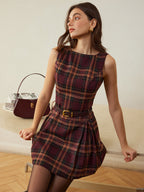 Pleated Tank Dress with Check Pattern, No Belt
