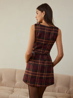 Pleated Tank Dress with Check Pattern, No Belt