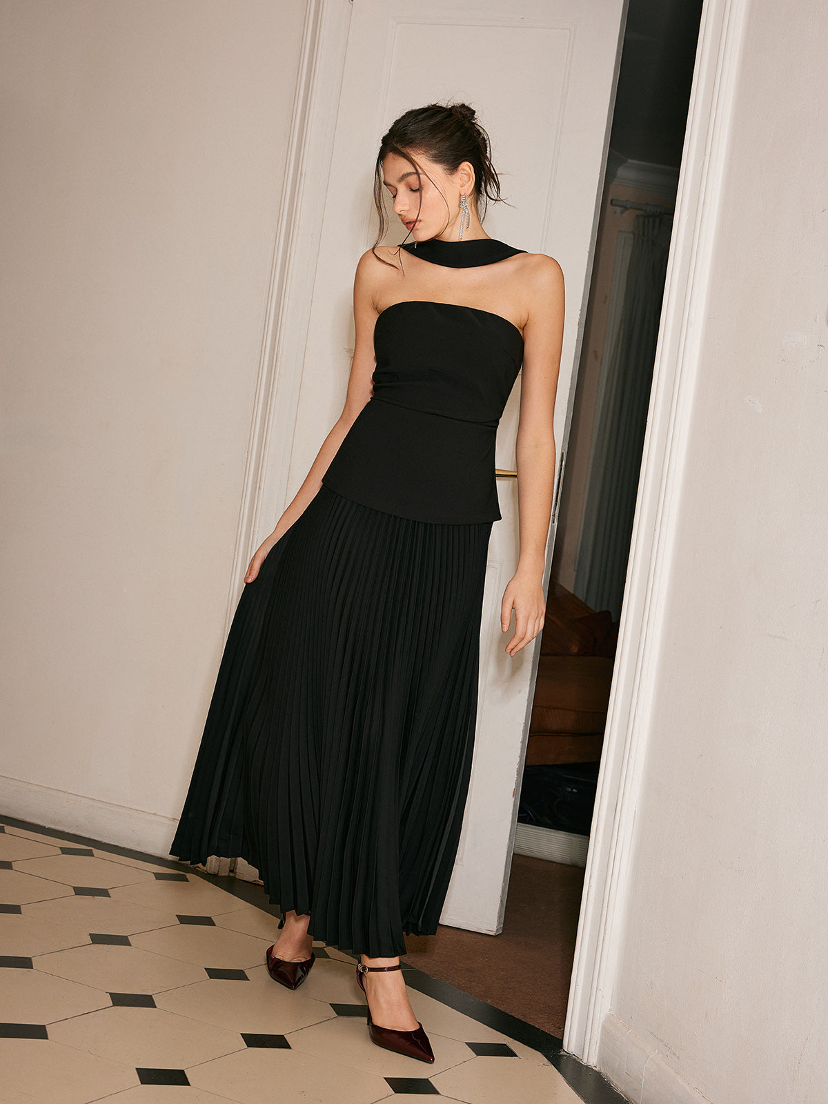 Choker Neck Pleated Dress with Panel Detailing