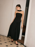 Pleated Dress with Choker Neckline and Panel Detail