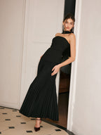 Choker Neck Pleated Dress with Panel Detailing